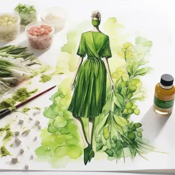 Watercolor painting of a sustainable lab creating plant-based fibers for fashion - Image 3