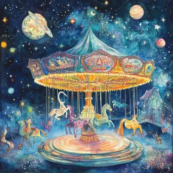 Vibrant watercolor painting of a whimsical cosmic carousel with interstellar animals and celestial bodies - Image 1