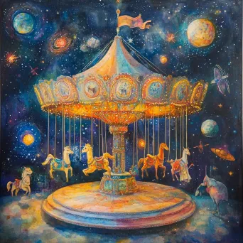 Vibrant watercolor painting of a whimsical cosmic carousel with interstellar animals and celestial bodies - Image 3