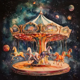 Vibrant watercolor painting of a whimsical cosmic carousel with interstellar animals and celestial bodies - Image 4