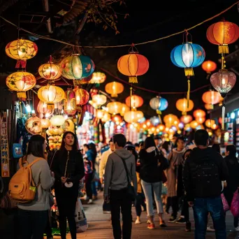 Night market with artisan goods, lanterns, and diverse crowd - Image 4