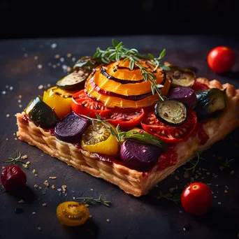 Gourmet vegetable tart on slate board with colorful layers - Image 4