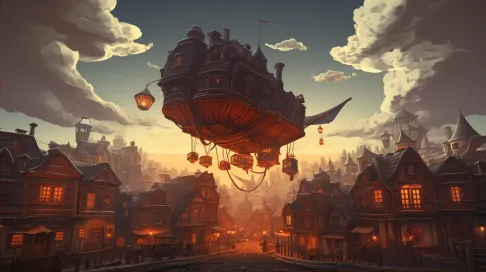 A low poly steampunk airship floating over an old town - Image 2