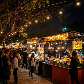 Outdoor street food festival with families sampling various foods - Image 2