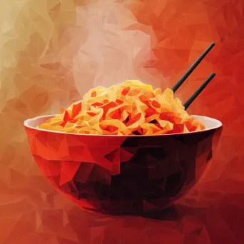 Spicy noodle bowl depicted in low poly style with hot red and orange tones - Image 1