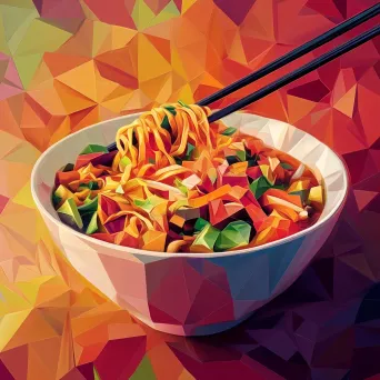 Spicy noodle bowl depicted in low poly style with hot red and orange tones - Image 3