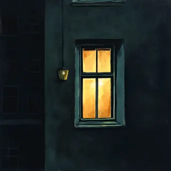 Digital painting of a single lamp-lit window in a dark building, depicting minimalism - Image 4