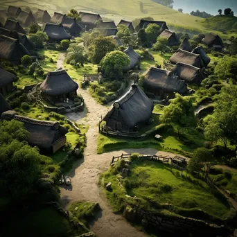 Aerial Village with Thatched Roofs