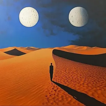 Surreal acrylic painting of a desert landscape under a two-moon nighttime sky with a solitary explorer - Image 1