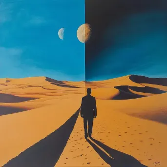 Surreal acrylic painting of a desert landscape under a two-moon nighttime sky with a solitary explorer - Image 2