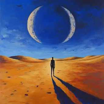 Surreal acrylic painting of a desert landscape under a two-moon nighttime sky with a solitary explorer - Image 4