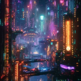 Retro-futuristic cityscape under neon lights in Art Deco style - Image 2