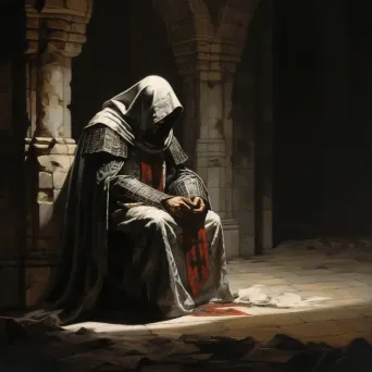 Chiaroscuro depiction of a Knight Templar in a serene monastery - Image 1