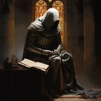 Chiaroscuro depiction of a Knight Templar in a serene monastery - Image 2