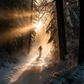 Snowboarder going through a sunlit forest trail in winter - Image 1