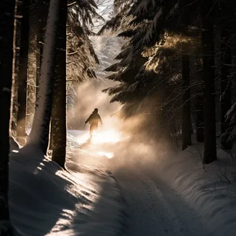 Snowboarder going through a sunlit forest trail in winter - Image 3