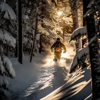 Snowboarder going through a sunlit forest trail in winter - Image 4