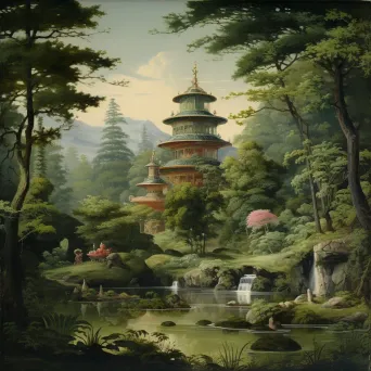 Image of a serene tea garden with a traditional pagoda and stream - Image 2