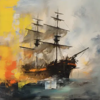 Pirate ship hidden in mist with Jolly Roger flag fluttering above - Image 3