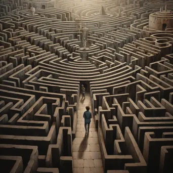 A figure at the entrance of a decision-making maze pondering choices in a complex and intricate image. - Image 3