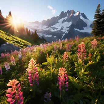 Scenic view of a hidden alpine meadow with colorful flowers and snow-capped mountains. - Image 1