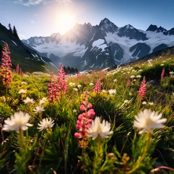 Scenic view of a hidden alpine meadow with colorful flowers and snow-capped mountains. - Image 2