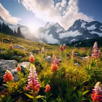 Scenic view of a hidden alpine meadow with colorful flowers and snow-capped mountains. - Image 3