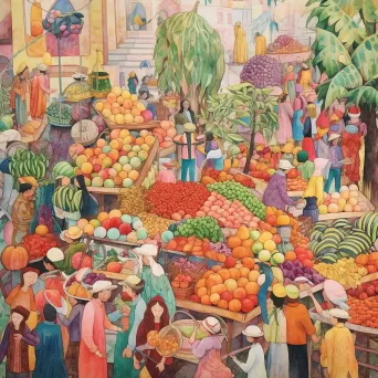 Vibrant market scene with fruits, vegetables, and textiles - Image 2