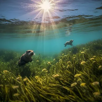 Seagrass meadow with playful sea otters underwater - Image 1