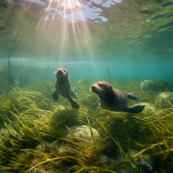 Seagrass meadow with playful sea otters underwater - Image 2