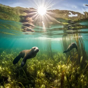 Seagrass meadow with playful sea otters underwater - Image 3