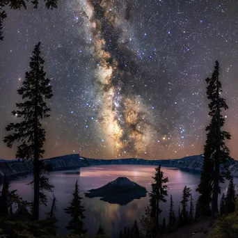 Milky Way galaxy over a calm lake with pine trees at night - Image 1