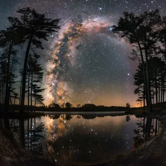 Milky Way galaxy over a calm lake with pine trees at night - Image 2