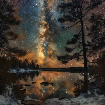 Milky Way galaxy over a calm lake with pine trees at night - Image 3