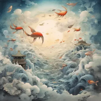 World with floating oceans, fish above clouds, and birds in the sea - Image 1