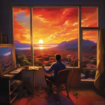 Man painting vibrant sunset with transition to real sunset - Image 1