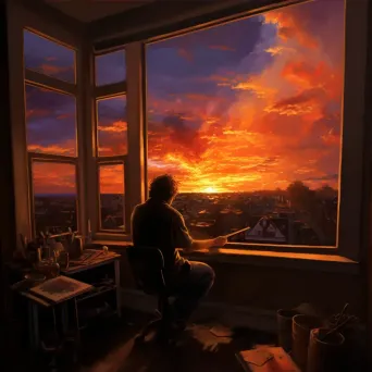 Man painting vibrant sunset with transition to real sunset - Image 3