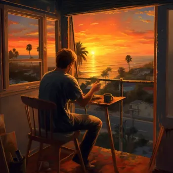 Man painting vibrant sunset with transition to real sunset - Image 4