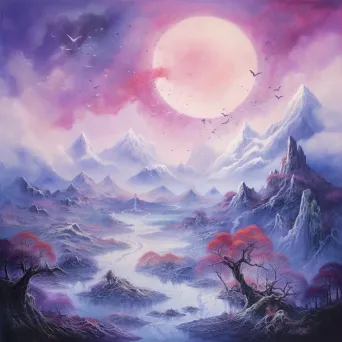 Oil pastel artwork of dreamlike floating mountains under a violet sky - Image 1