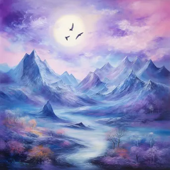 Oil pastel artwork of dreamlike floating mountains under a violet sky - Image 3