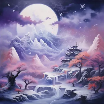 Oil pastel artwork of dreamlike floating mountains under a violet sky - Image 4