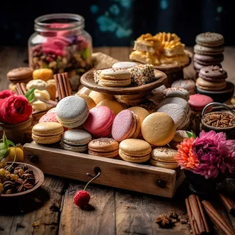 Variety of cookies and colorful macarons on a rustic wooden board - Image 1