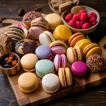 Variety of cookies and colorful macarons on a rustic wooden board - Image 3