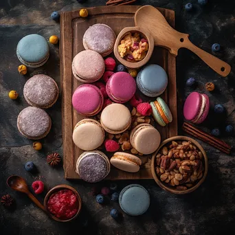 Variety of cookies and colorful macarons on a rustic wooden board - Image 4