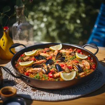 Seafood paella served in a traditional pan outdoors, filled with colorful ingredients - Image 1