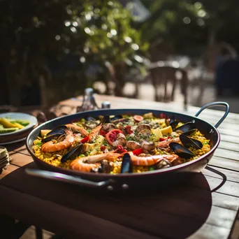 Seafood paella served in a traditional pan outdoors, filled with colorful ingredients - Image 3