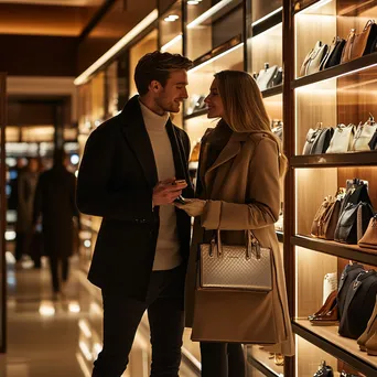 Couple shopping for designer clothes in a luxury department store - Image 2