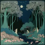 Moonlit glen with fairies dancing under the night sky - Image 1