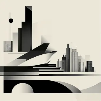 Guggenheim Museum depicted in Bauhaus style using geometric shapes and a monochrome color palette. - Image 1