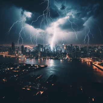 Thunderstorm with lightning striking a dark cityscape. - Image 1